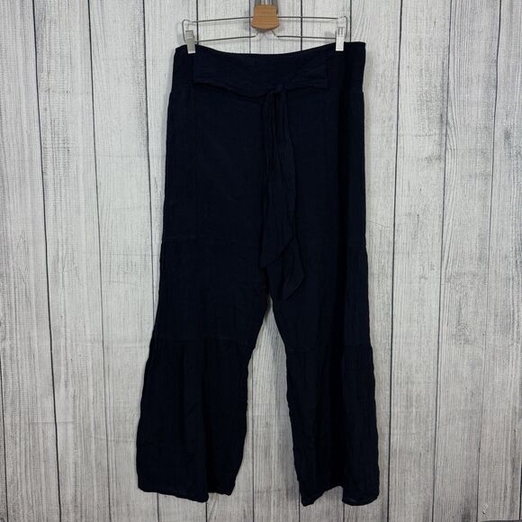 Nanette Lepore Women's Large Navy Blue Crinkle Pull On Wide Leg Stretch Pants - Picture 1 of 6